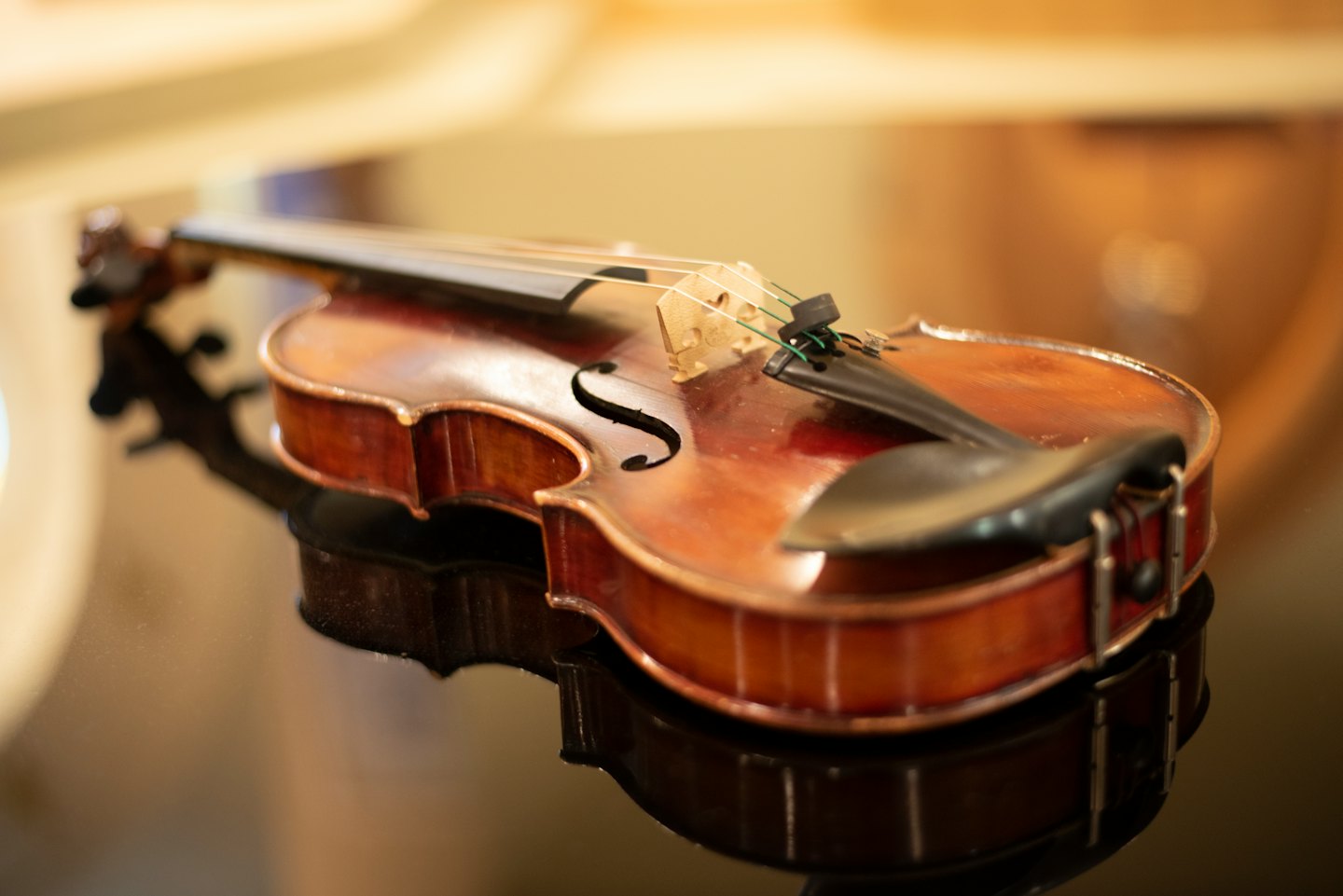 Glänzend polierte Holzvioline auf dunkler, spiegelnder Oberfläche.